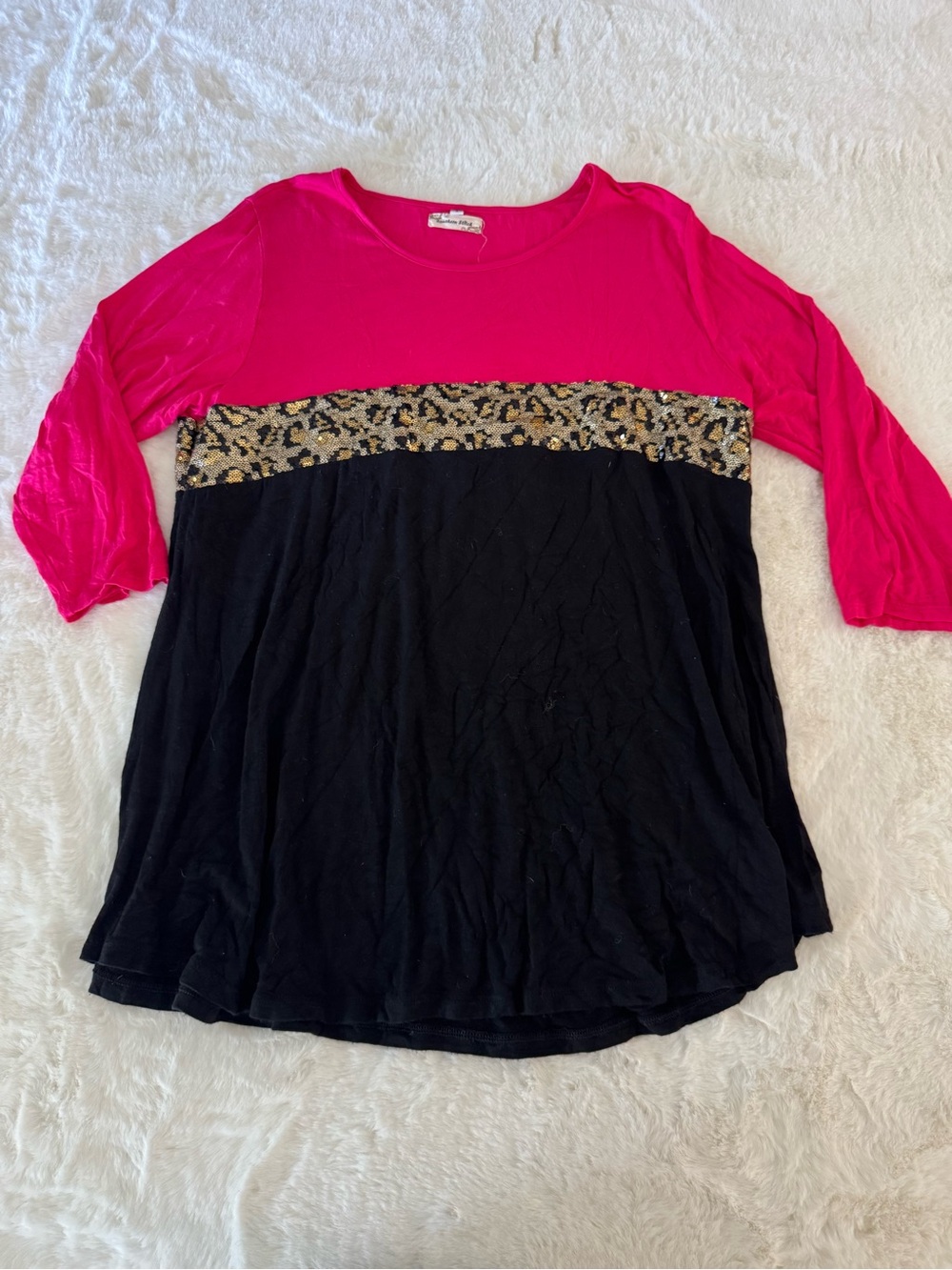 Colorblock Pink and Black Blouse with Leopard Sequin Accent